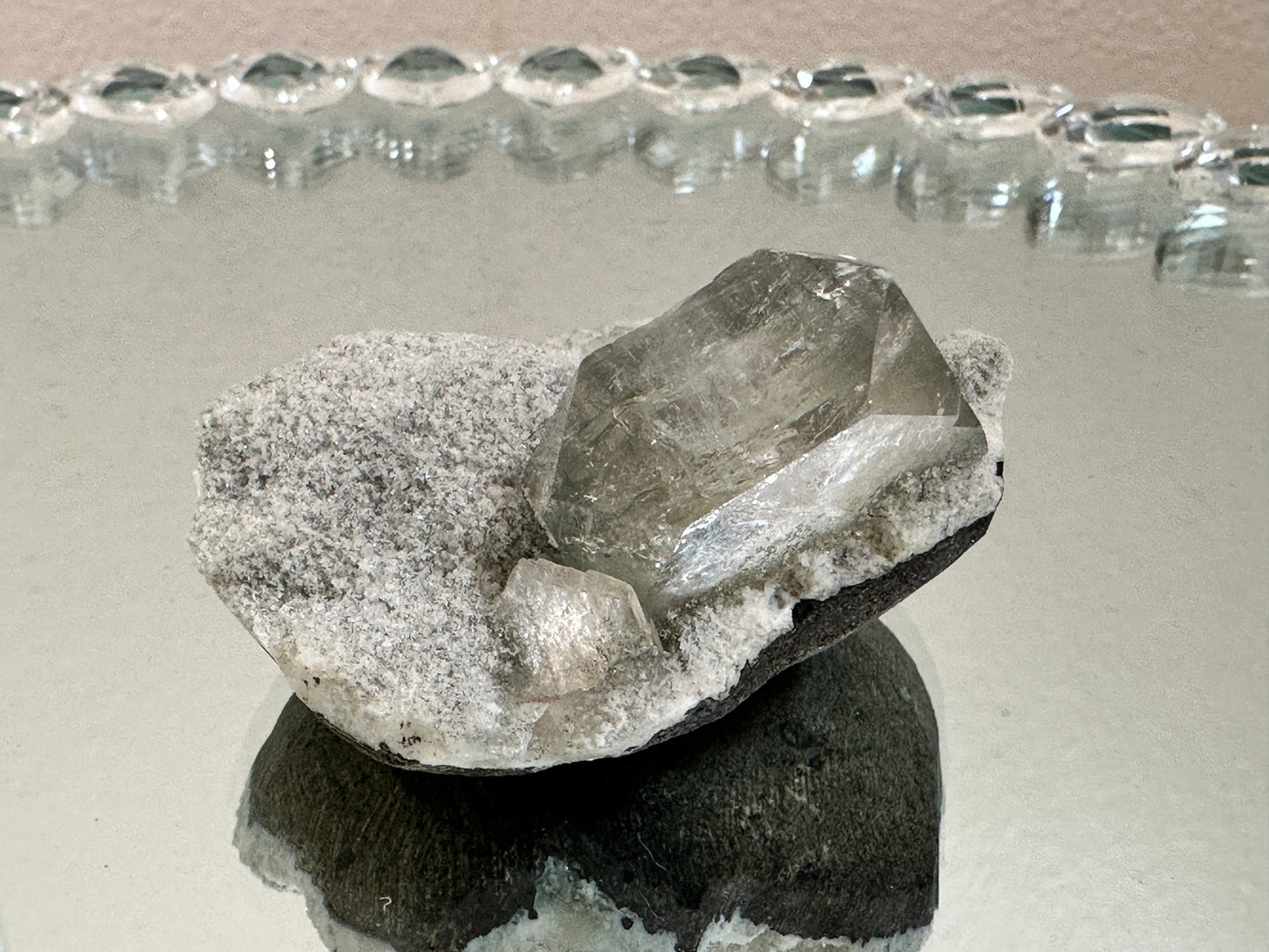 Gray Diamond Apophyllite with Rainbows on a Druzy White & Black Matrix