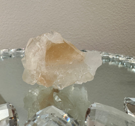 Diamond Apophyllite with Honey Calcite and Peach Stilbite