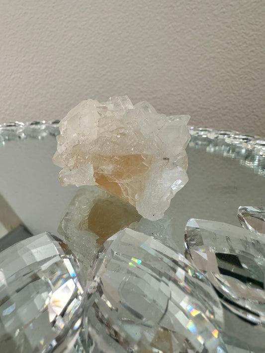 Diamond Apophyllite with Honey Calcite and Peach Stilbite