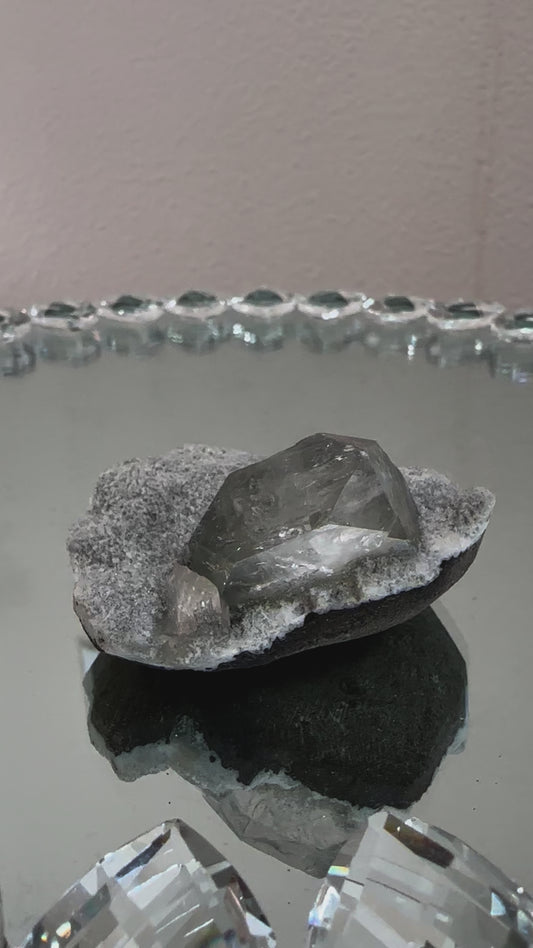 Gray Diamond Apophyllite with Rainbows on a Druzy White & Black Matrix